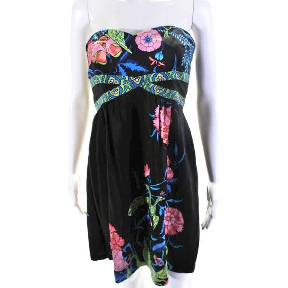Tibi Palm Beach Floral Garden Peacock Print 100% Silk Black Strapless Dress 8 - Picture 2 of 8